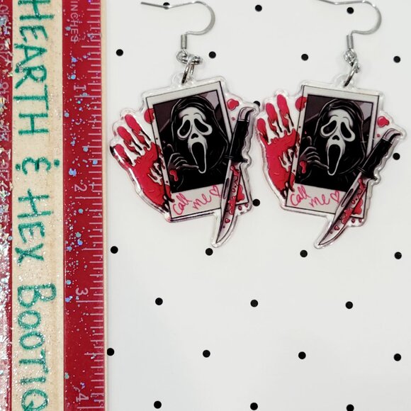 Ghostface Call Me Bloody Hand Knife Earrings Stainless Steel Hooks Scary Movie - Picture 3 of 6